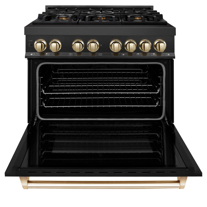 ZLINE Autograph Edition 36 in. 4.6 cu. ft. Dual Fuel Range with Gas Stove and Electric Oven in Black Stainless Steel with Polished Gold Accents (RABZ-36-G)