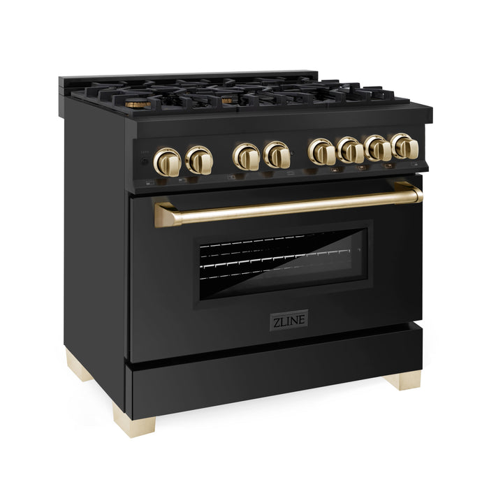 ZLINE 36 in. Autograph Edition Kitchen Package with Black Stainless Steel Dual Fuel Range and Range Hood with Polished Gold Accents (2AKP-RABRH36-G)