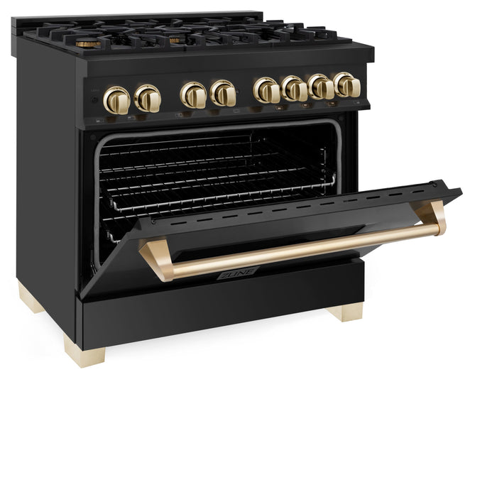 ZLINE Autograph Edition 36 in. 4.6 cu. ft. Dual Fuel Range with Gas Stove and Electric Oven in Black Stainless Steel with Polished Gold Accents (RABZ-36-G)