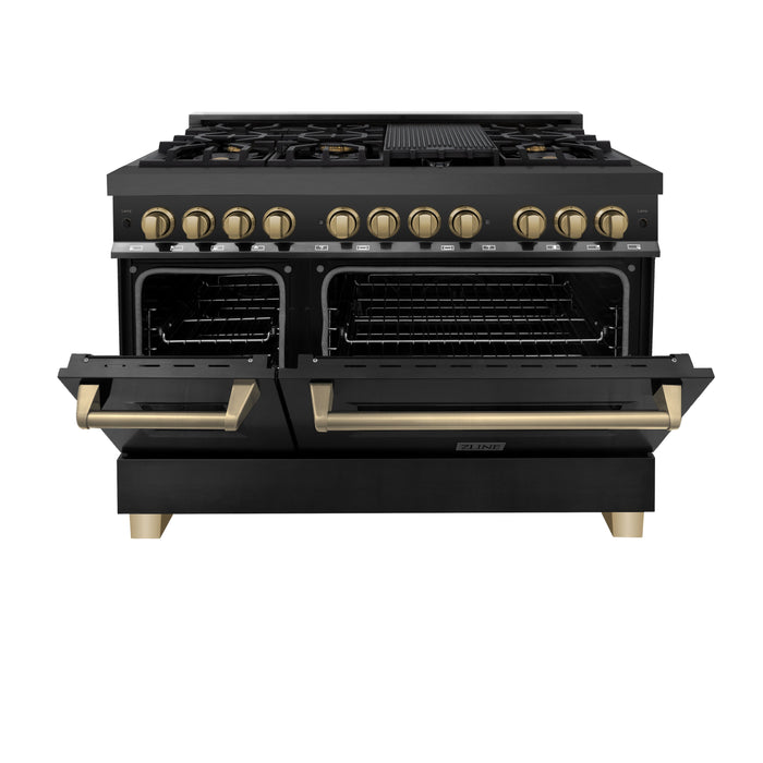 ZLINE Autograph Edition 48 in. 6.0 cu. ft. Dual Fuel Range with Gas Stove and Electric Oven in Black Stainless Steel with Champagne Bronze Accents (RABZ-48-CB)