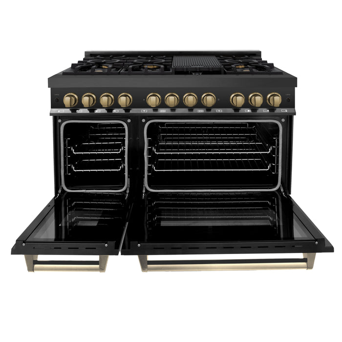 ZLINE Autograph Edition 48 in. 6.0 cu. ft. Dual Fuel Range with Gas Stove and Electric Oven in Black Stainless Steel with Champagne Bronze Accents (RABZ-48-CB)