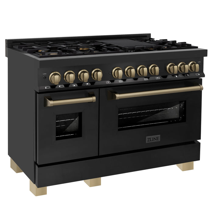 ZLINE Autograph Edition 48 in. 6.0 cu. ft. Dual Fuel Range with Gas Stove and Electric Oven in Black Stainless Steel with Champagne Bronze Accents (RABZ-48-CB)