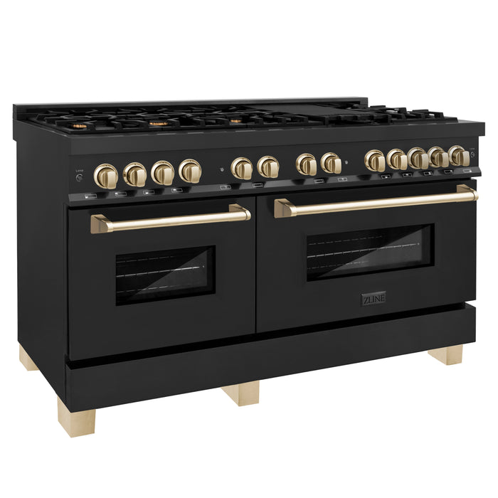 ZLINE Autograph Edition 60 in. 7.4 cu. ft. Dual Fuel Range with Gas Stove and Electric Oven in Black Stainless Steel with Polished Gold Accents (RABZ-60-G)