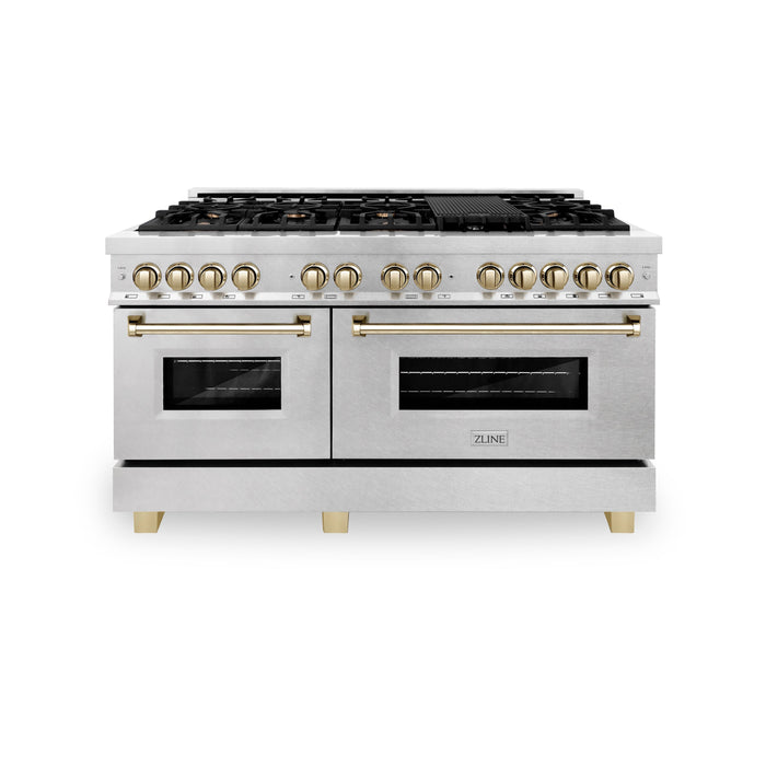 ZLINE Autograph Edition 60 in. 7.4 cu. ft. Dual Fuel Range with Gas Stove and Electric Oven in DuraSnow Stainless Steel with Polished Gold Accents (RASZ-SN-60-G)