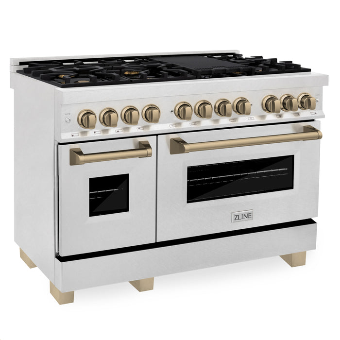 ZLINE Autograph Edition 48 in. 6.0 cu. ft. Dual Fuel Range with Gas Stove and Electric Oven in DuraSnow Stainless Steel with Champagne Bronze Accents (RASZ-SN-48-CB)