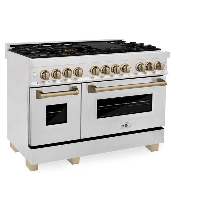 ZLINE Autograph Edition 48 in. 6.0 cu. ft. Dual Fuel Range with Gas Stove and Electric Oven in DuraSnow Stainless Steel with Champagne Bronze Accents (RASZ-SN-48-CB)