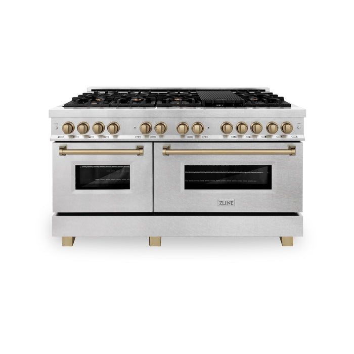 ZLINE Autograph Edition 60 in. 7.4 cu. ft. Dual Fuel Range with Gas Stove and Electric Oven in DuraSnow Stainless Steel with Champagne Bronze Accents (RASZ-SN-60-CB)