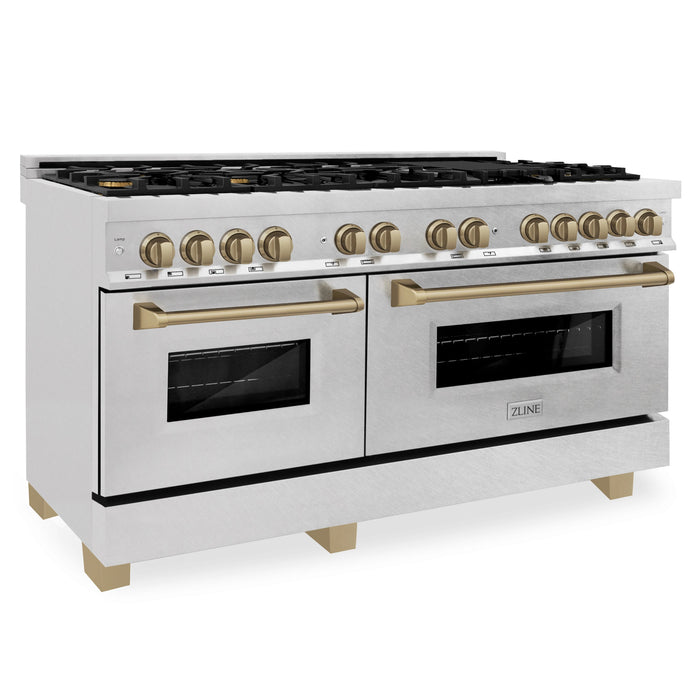 ZLINE Autograph Edition 60 in. 7.4 cu. ft. Dual Fuel Range with Gas Stove and Electric Oven in DuraSnow Stainless Steel with Champagne Bronze Accents (RASZ-SN-60-CB)