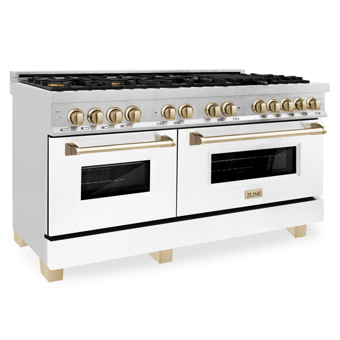 ZLINE Autograph Edition 60 in. 7.4 cu. ft. Dual Fuel Range with Gas Stove and Electric Oven in DuraSnow Stainless Steel with White Matte Door and Polished Gold Accents (RASZ-WM-60-G)