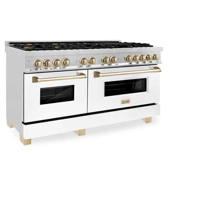 ZLINE Autograph Edition 60 in. 7.4 cu. ft. Dual Fuel Range with Gas Stove and Electric Oven in DuraSnow Stainless Steel with White Matte Door and Polished Gold Accents (RASZ-WM-60-G)