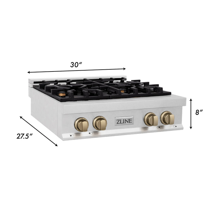 ZLINE Autograph Edition 30 in. Porcelain Rangetop with 4 Gas Burners in DuraSnow Stainless Steel with Champagne Bronze Accents (RTSZ-30-CB)