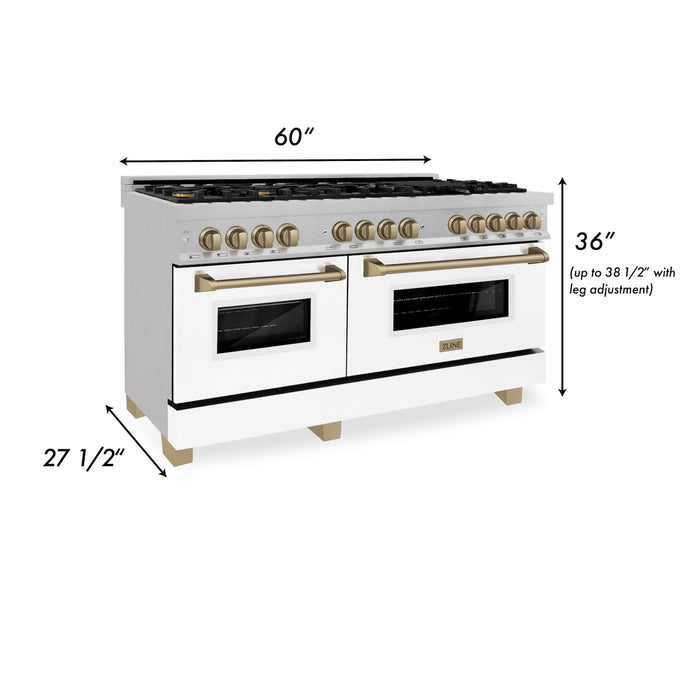 ZLINE Autograph Edition 60 in. 7.4 cu. ft. Dual Fuel Range with Gas Stove and Electric Oven in DuraSnow Stainless Steel with White Matte Door and Champagne Bronze Accents (RASZ-WM-60-CB)