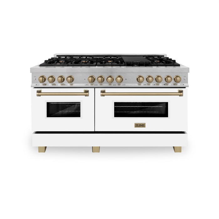 ZLINE Autograph Edition 60 in. 7.4 cu. ft. Dual Fuel Range with Gas Stove and Electric Oven in DuraSnow Stainless Steel with White Matte Door and Champagne Bronze Accents (RASZ-WM-60-CB)