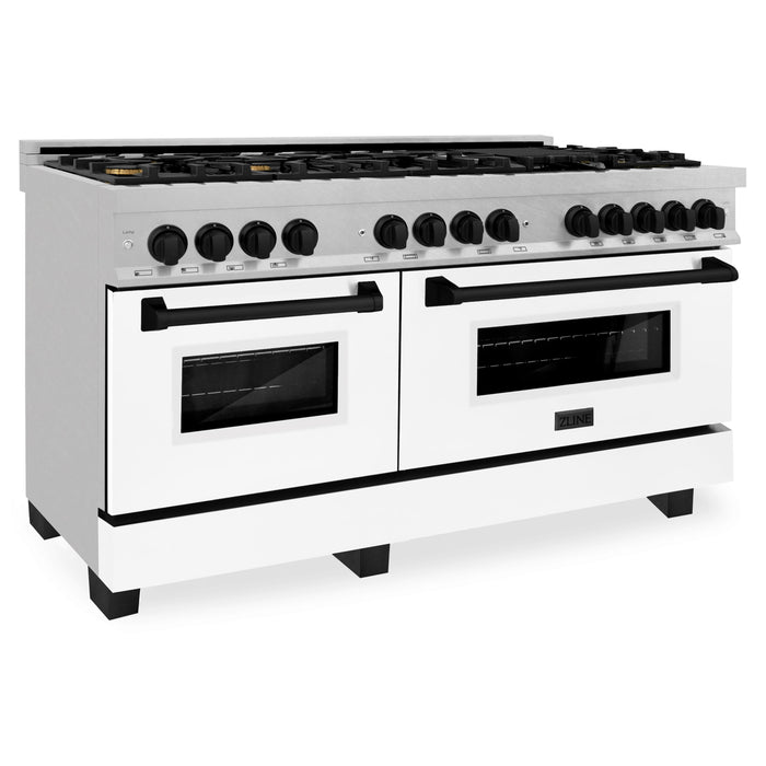 ZLINE Autograph Edition 60 in. 7.4 cu. ft. Dual Fuel Range with Gas Stove and Electric Oven in Stainless Steel with White Matte Door and Matte Black Accents (RAZ-WM-60-MB)