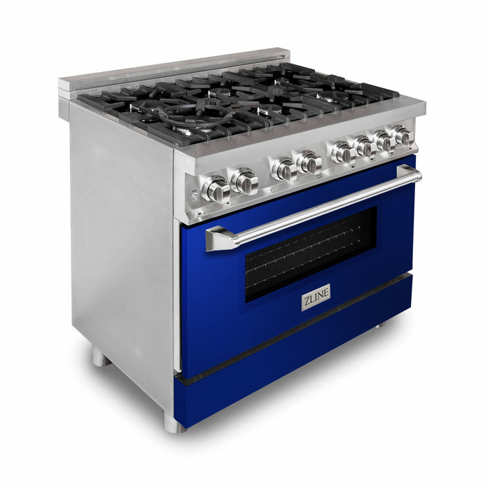 ZLINE 36 in. Dual Fuel Range with Gas Stove and Electric Oven in Stainless Steel with Blue Gloss Door (RA-BG-36)