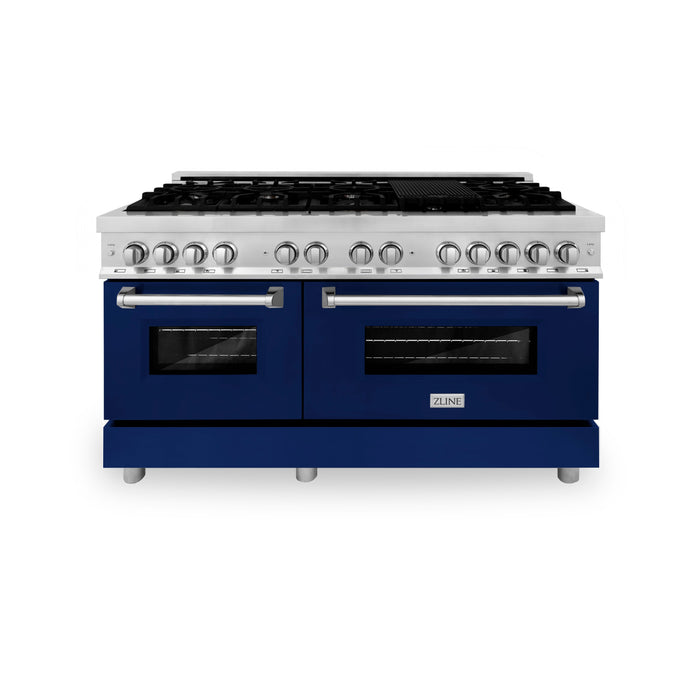 ZLINE 60 in. 7.4 cu. ft. Dual Fuel Range with Gas Stove and Electric Oven in Stainless Steel with Blue Gloss Door (RA-BG-60)