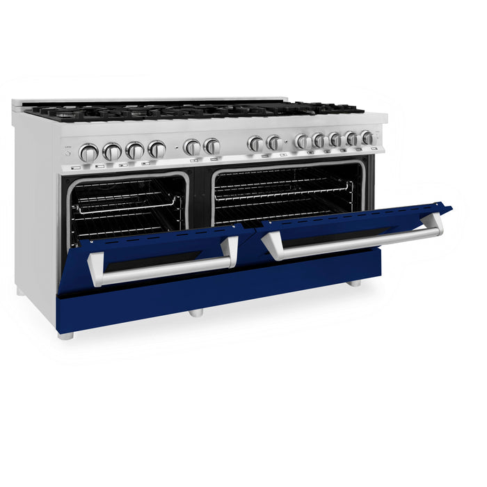 ZLINE 60 in. 7.4 cu. ft. Dual Fuel Range with Gas Stove and Electric Oven in Stainless Steel with Blue Gloss Door (RA-BG-60)