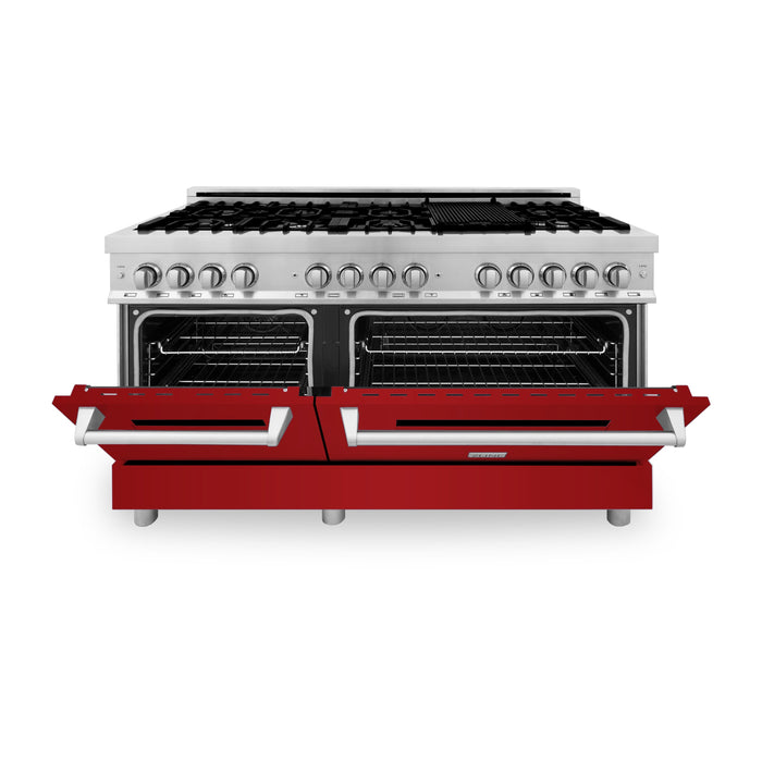 ZLINE 60 in. 7.4 cu. ft. Dual Fuel Range with Gas Stove and Electric Oven in Stainless Steel with Red Gloss Door (RA-RG-60)