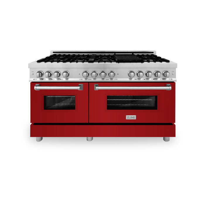 ZLINE 60 in. 7.4 cu. ft. Dual Fuel Range with Gas Stove and Electric Oven in Stainless Steel with Red Gloss Door (RA-RG-60)