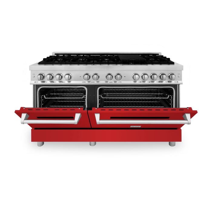 ZLINE 60 in. 7.4 cu. ft. Dual Fuel Range with Gas Stove and Electric Oven in Stainless Steel with Red Matte Door (RA-RM-60)