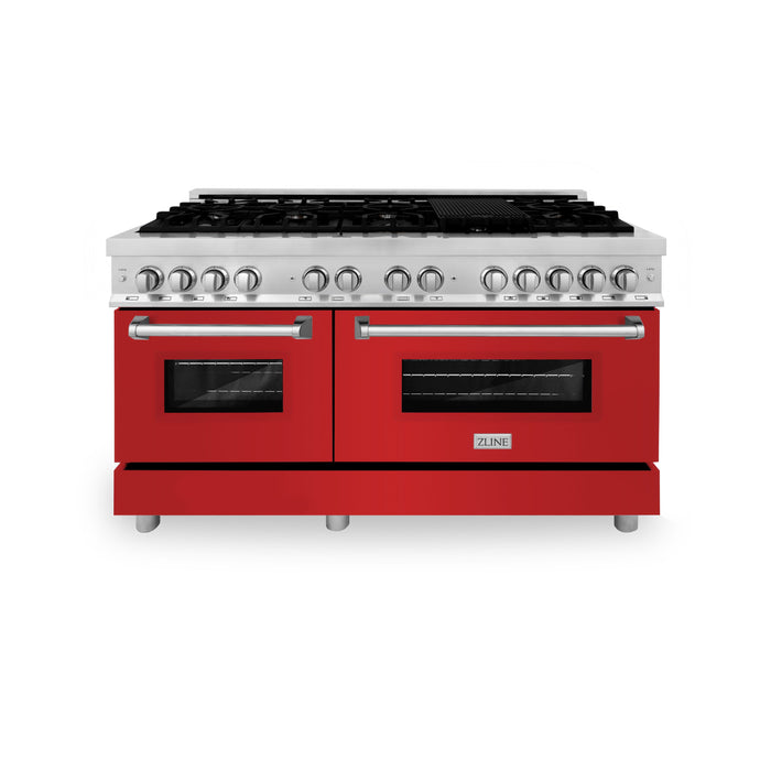 ZLINE 60 in. 7.4 cu. ft. Dual Fuel Range with Gas Stove and Electric Oven in Stainless Steel with Red Matte Door (RA-RM-60)