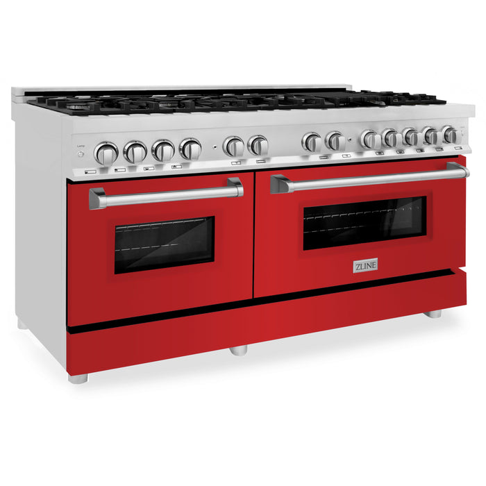 ZLINE 60 in. 7.4 cu. ft. Dual Fuel Range with Gas Stove and Electric Oven in Stainless Steel with Red Matte Door (RA-RM-60)