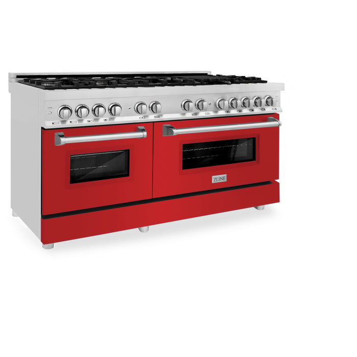 ZLINE 60 in. 7.4 cu. ft. Dual Fuel Range with Gas Stove and Electric Oven in Stainless Steel with Red Matte Door (RA-RM-60)