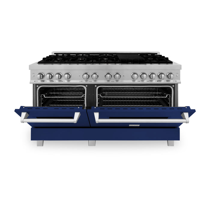 ZLINE 60 in. 7.4 cu. ft. Dual Fuel Range with Gas Stove and Electric Oven in Fingerprint Resistant Stainless Steel and Blue Gloss Door (RAS-BG-60)