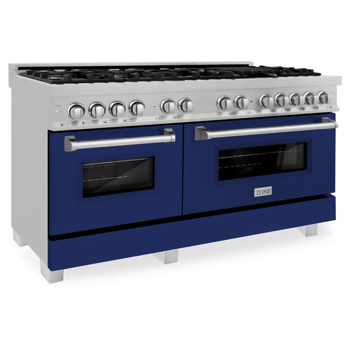 ZLINE 60 in. 7.4 cu. ft. Dual Fuel Range with Gas Stove and Electric Oven in Fingerprint Resistant Stainless Steel and Blue Gloss Door (RAS-BG-60)