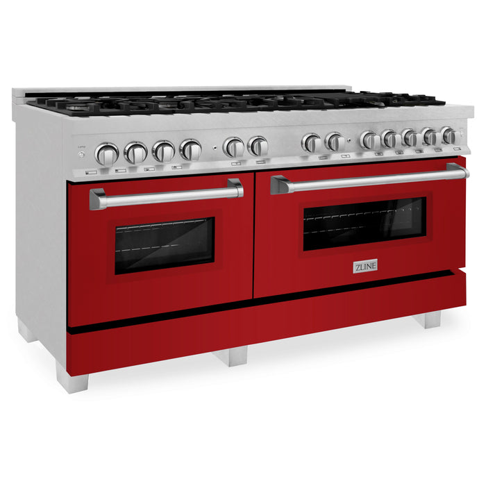 ZLINE 60 in. 7.4 cu. ft. Dual Fuel Range with Gas Stove and Electric Oven in Fingerprint Resistant Stainless Steel with Red Gloss Door (RAS-RG-60)