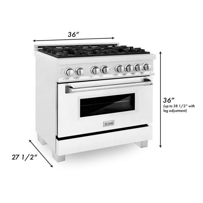 ZLINE 36 in. Kitchen Package with DuraSnow Stainless Steel Dual Fuel Range with White Matte Door and Convertible Vent Range Hood (2KP-RASWMRH36)