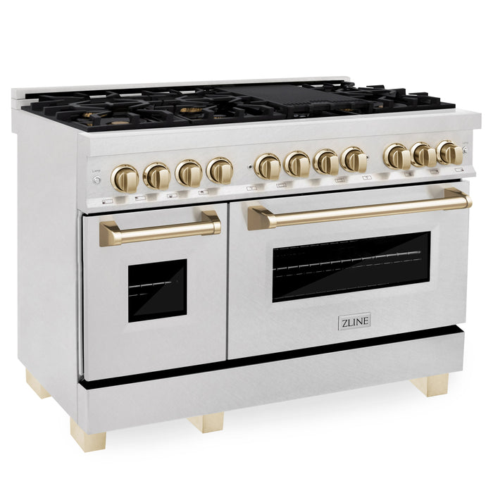 ZLINE Autograph Edition 48 in. 6.0 cu. ft. Dual Fuel Range with Gas Stove and Electric Oven in DuraSnow Stainless Steel with Polished Gold Accents (RASZ-SN-48-G)