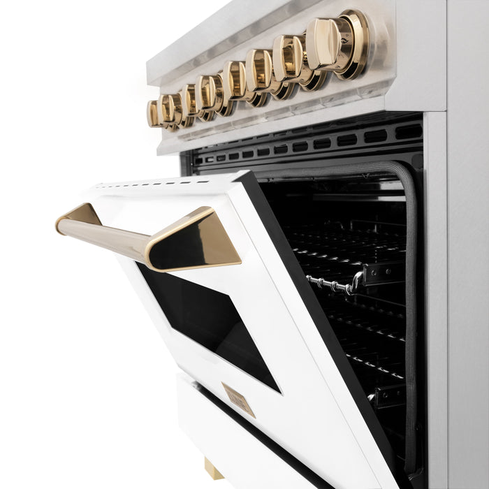 ZLINE Autograph Edition 36 in. 4.6 cu. ft. Dual Fuel Range with Gas Stove and Electric Oven in DuraSnow Stainless Steel with White Matte Door and Polished Gold Accents (RASZ-WM-36-G)