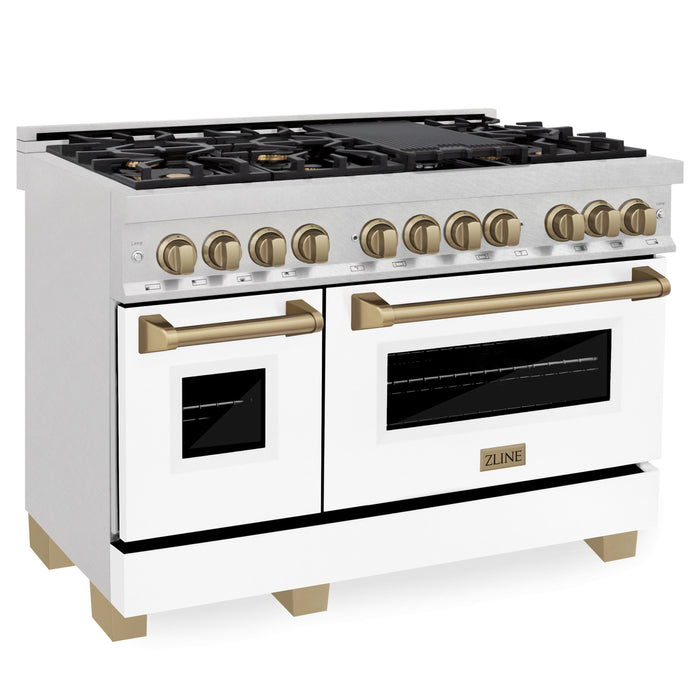 ZLINE Autograph Edition 48 in. 6.0 cu. ft. Dual Fuel Range with Gas Stove and Electric Oven in DuraSnow Stainless Steel with White Matte Door and Champagne Bronze Accents (RASZ-WM-48-CB)