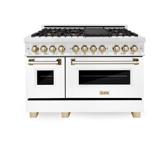 ZLINE Autograph Edition 48 in. 6.0 cu. ft. Dual Fuel Range with Gas Stove and Electric Oven in DuraSnow Stainless Steel with White Matte Door and Polished Gold Accents (RASZ-WM-48-G)