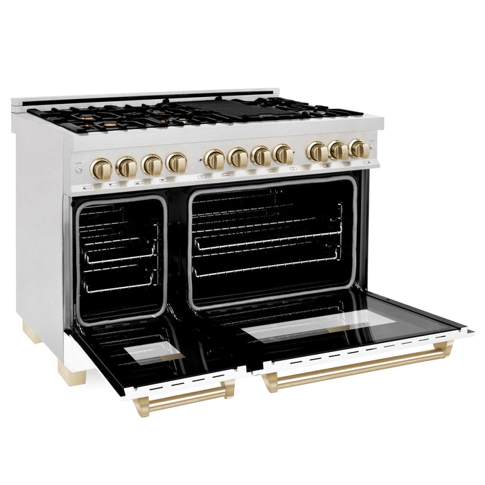 ZLINE Autograph Edition 48 in. 6.0 cu. ft. Dual Fuel Range with Gas Stove and Electric Oven in DuraSnow Stainless Steel with White Matte Door and Polished Gold Accents (RASZ-WM-48-G)