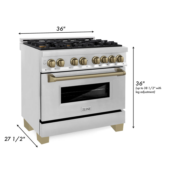 ZLINE Autograph Edition 36 in. 4.6 cu. ft. Dual Fuel Range with Gas Stove and Electric Oven in Stainless Steel with Champagne Bronze Accents (RAZ-36-CB)