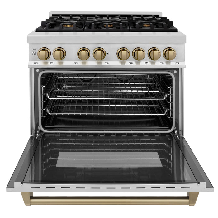 ZLINE Autograph Edition 36 in. 4.6 cu. ft. Dual Fuel Range with Gas Stove and Electric Oven in Stainless Steel with Champagne Bronze Accents (RAZ-36-CB)