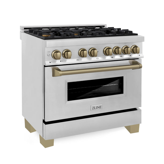 ZLINE 36 in. Autograph Edition Kitchen Package with Stainless Steel Dual Fuel Range and Range Hood with Champagne Bronze Accents (2AKP-RARH36-CB)