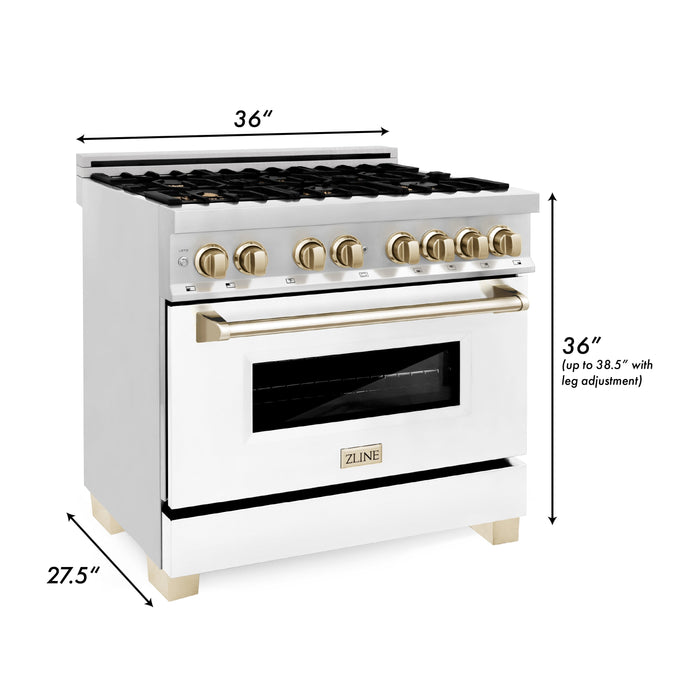 ZLINE Autograph Edition 36 in. 4.6 cu. ft. Dual Fuel Range with Gas Stove and Electric Oven in Stainless Steel with White Matte Door and Polished Gold Accents (RAZ-WM-36-G)