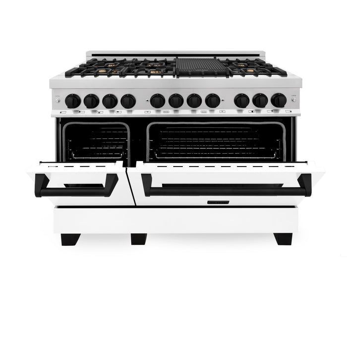 ZLINE 48 in. Autograph Edition Kitchen Package with Stainless Steel Dual Fuel Range with White Matte Door and Range Hood with Matte Black Accents (2AKP-RAWMRH48-MB)