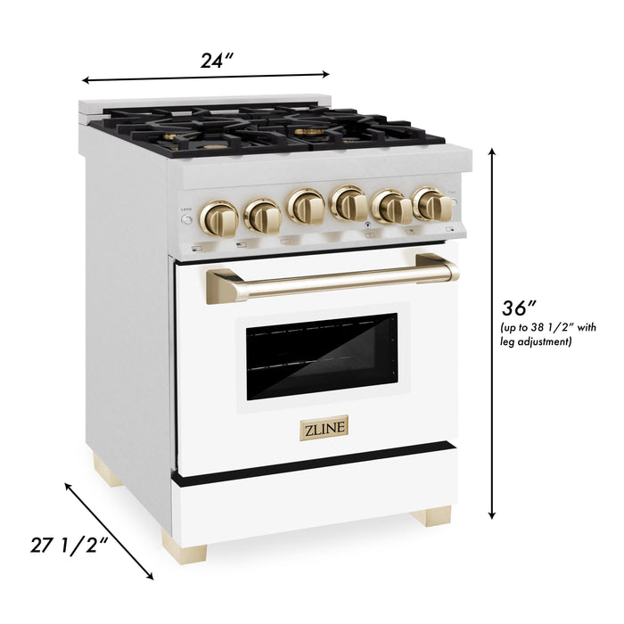 ZLINE Autograph Edition 24 in. 2.8 cu. ft. Range with Gas Stove and Gas Oven in Fingerprint Resistant Stainless Steel with White Matte Door and Polished Gold Accents (RGSZ-WM-24-G)