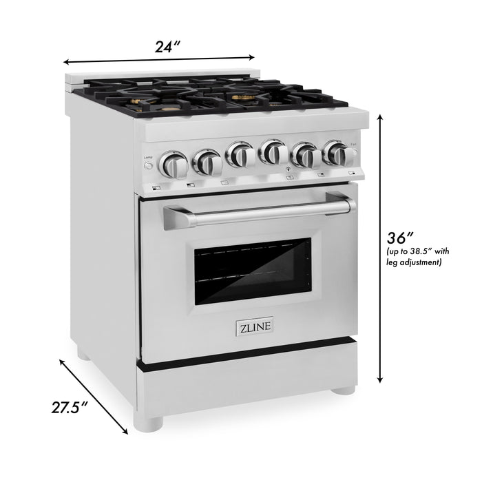 ZLINE 24 in. 2.8 cu. ft. Gas Oven and Gas Cooktop Range with Griddle and Brass Burners in Stainless Steel (RG-BR-GR-24)