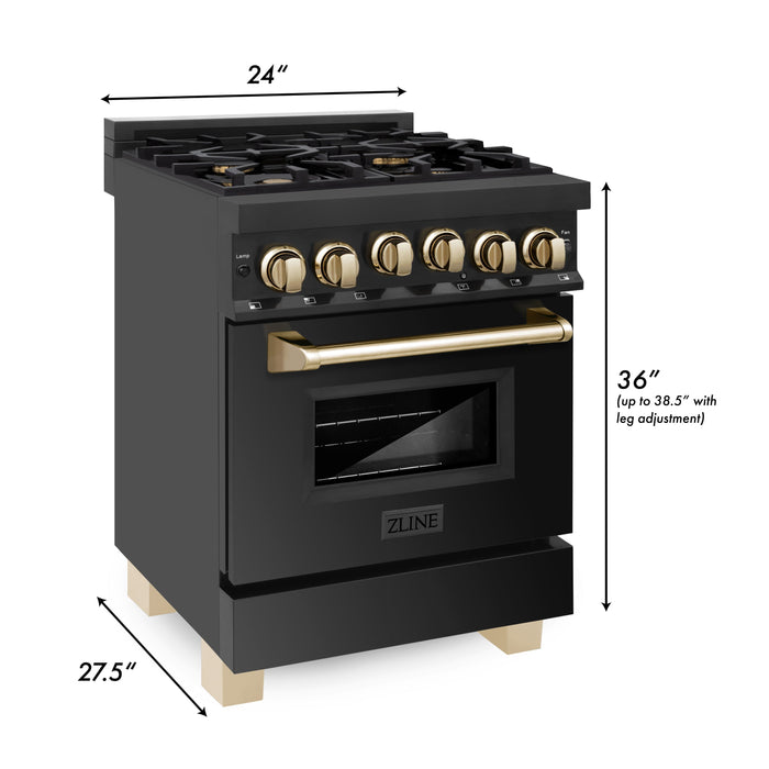 ZLINE Autograph Edition 24 in. 2.8 cu. ft. Range with Gas Stove and Gas Oven in Black Stainless Steel with Polished Gold Accents (RGBZ-24-G)