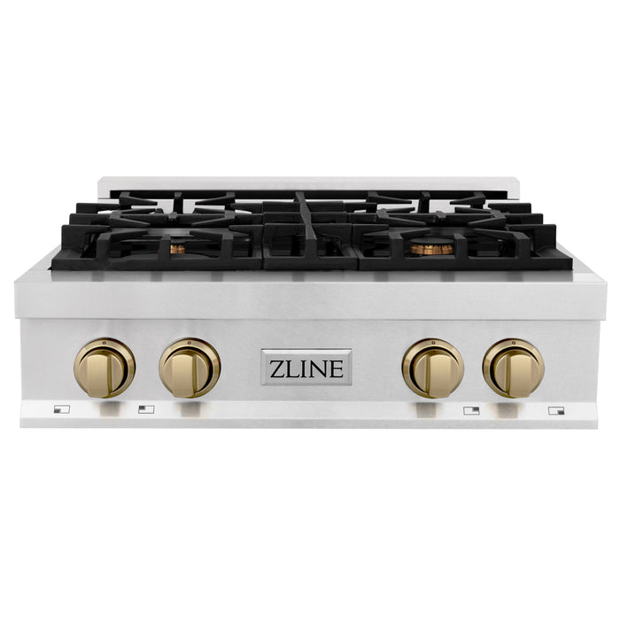 ZLINE Autograph Edition 30 in. Porcelain Rangetop with 4 Gas Burners in DuraSnow Stainless Steel with Champagne Bronze Accents (RTSZ-30-CB)