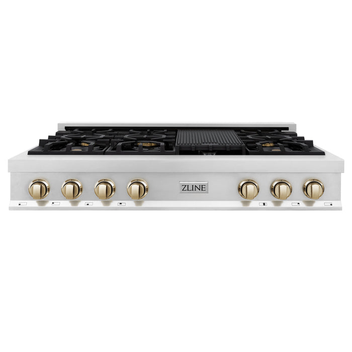 ZLINE Autograph Edition 48 in. Porcelain Rangetop with 7 Gas Burners in Stainless Steel with Polished Gold Accents (RTZ-48-G)