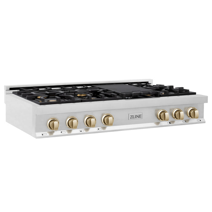 ZLINE Autograph Edition 48 in. Porcelain Rangetop with 7 Gas Burners in Stainless Steel with Polished Gold Accents (RTZ-48-G)