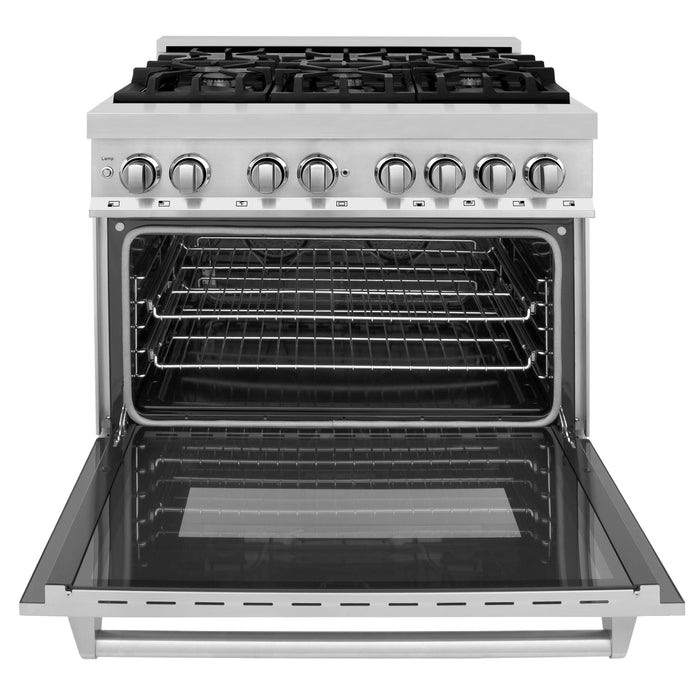 ZLINE 36 in. Kitchen Package with Stainless Steel Dual Fuel Range, Convertible Vent Range Hood and Microwave Drawer (3KP-RARH36-MW)