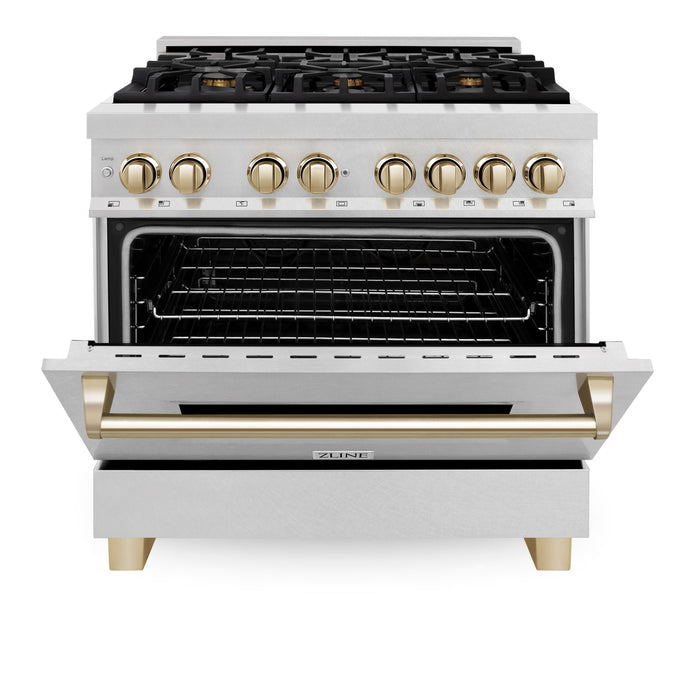 ZLINE Autograph Edition 36 in. 4.6 cu. ft. Dual Fuel Range with Gas Stove and Electric Oven in DuraSnow Stainless Steel with Polished Gold Accents (RASZ-SN-36-G)