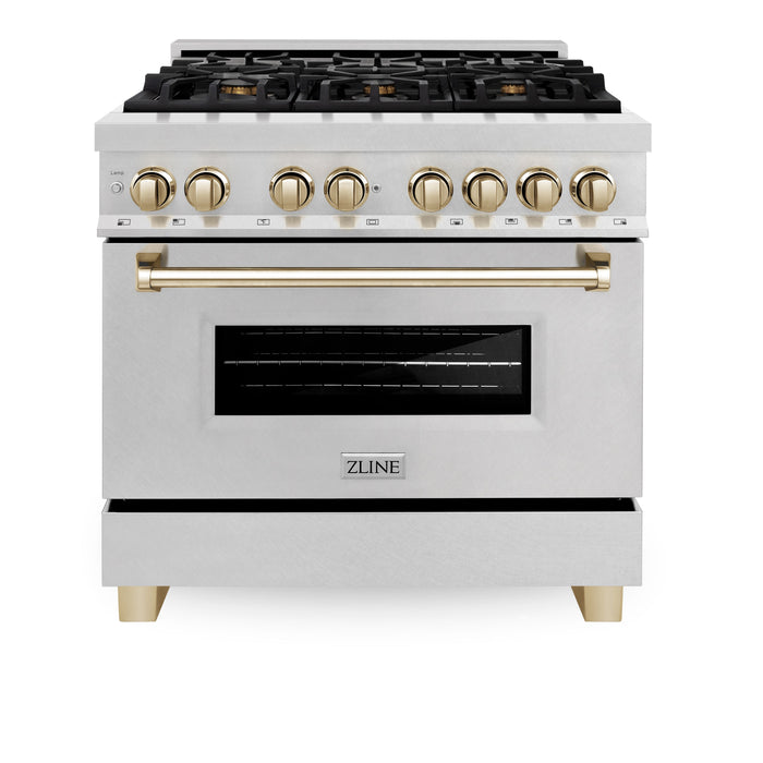 ZLINE Autograph Edition 36 in. 4.6 cu. ft. Dual Fuel Range with Gas Stove and Electric Oven in DuraSnow Stainless Steel with Polished Gold Accents (RASZ-SN-36-G)